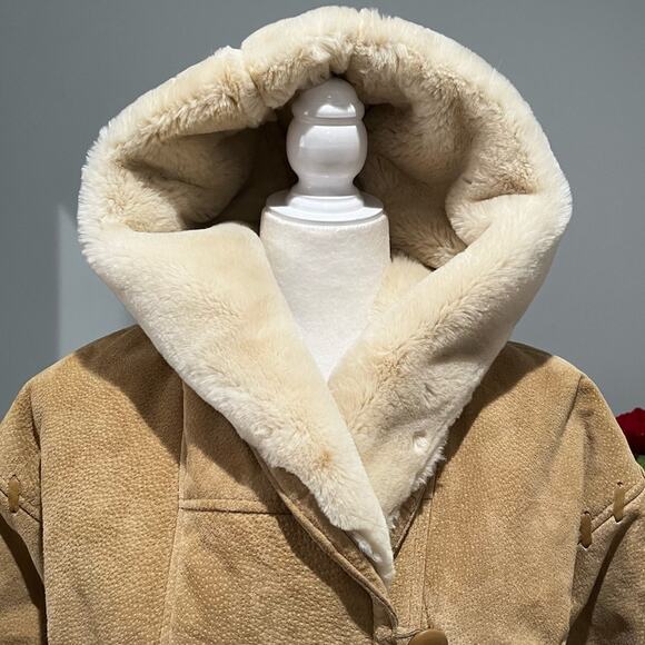 VINTAGE Charles Klein Suede Sherpa Hooded Longline Whipstitch Winter Car Coat XS - Picture 7 of 16